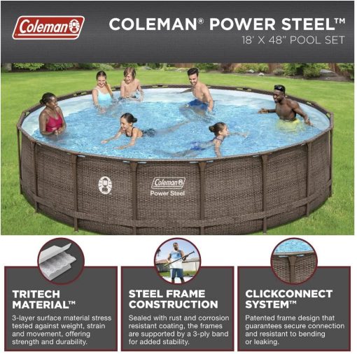 coleman 18′ x 48″ power steel frame above-ground swimming pool set