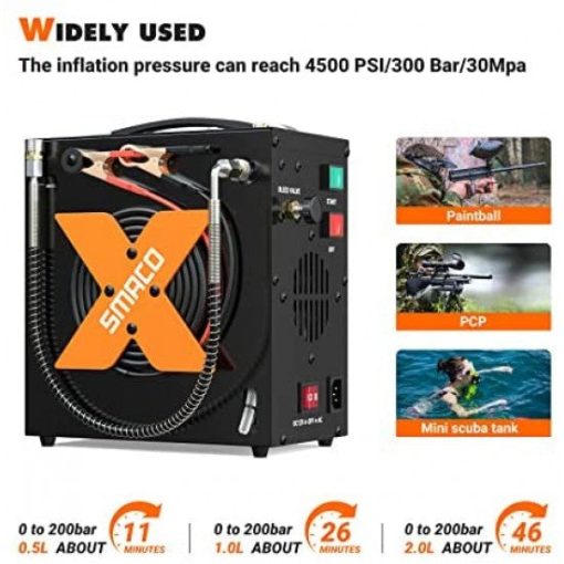 SMACO PCP Air Compressor 4500Psi/30Mpa High Pressure Air Compressor Paintball Scuba Tank Compressor HPA Pump Fill Station Auto-Stop,Oil-Free Powered by 12V DC or 110V AC with Water/Oil Separator NO250135
