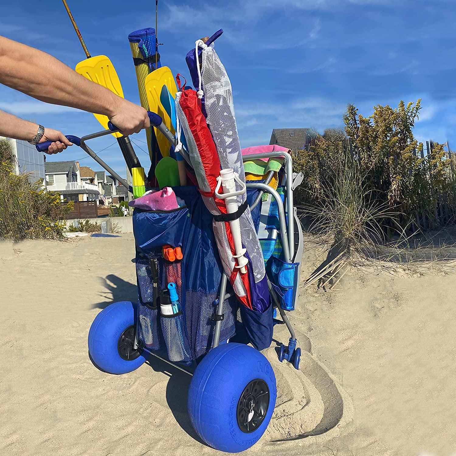 rollx foldable storage wagon beach cart 12 inch balloon wheels - ( pump included ) (blue)