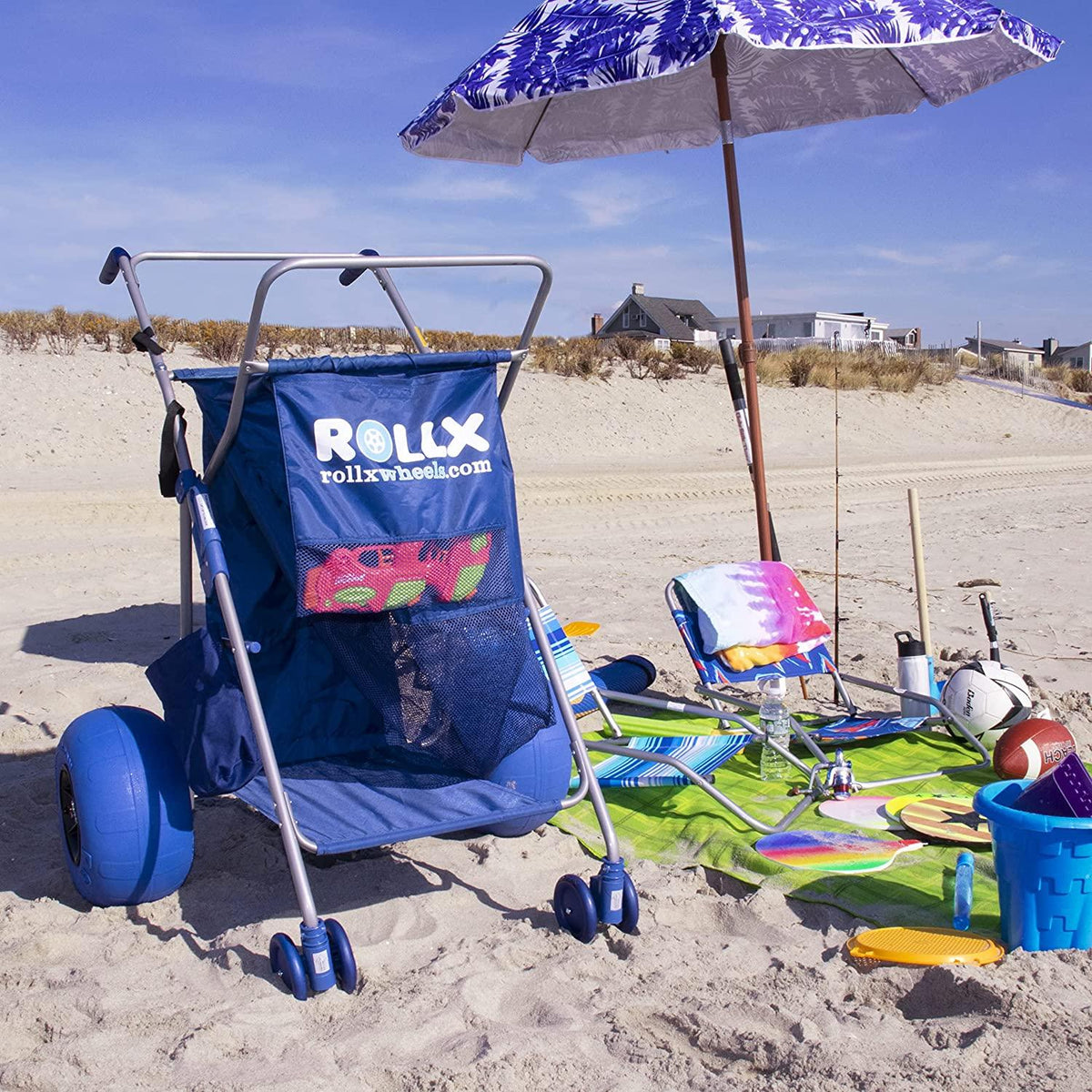 RollX Foldable Storage Wagon Beach Cart 12 inch Balloon Wheels - ( Pump Included ) (Blue) NO250137