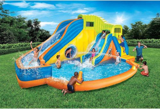 BANZAI Pipeline Twist Kids Inflatable Outdoor Backyard Water Pool Aqua Splash Park and Slides with Climbing Wall, Water Cannons, &amp; Clubhouse, Ages 5+ NO250152