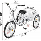 Adult Tricycle Bike, 7 Speed 24in 3-Wheeled Bicycle Cruiser Tricycle with Shopping Basket for Recreation Shopping