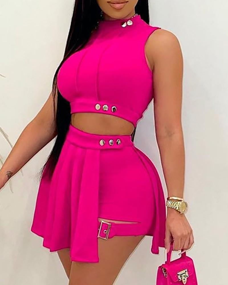 mock neck sleeveless crop top &amp; skirt set