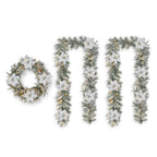 2PK 9 ft. Pre-Lit Artificial Christmas Garland and 24 in. D Snow Flocked Greenery Pine Poinsettia Christmas Wreath Set