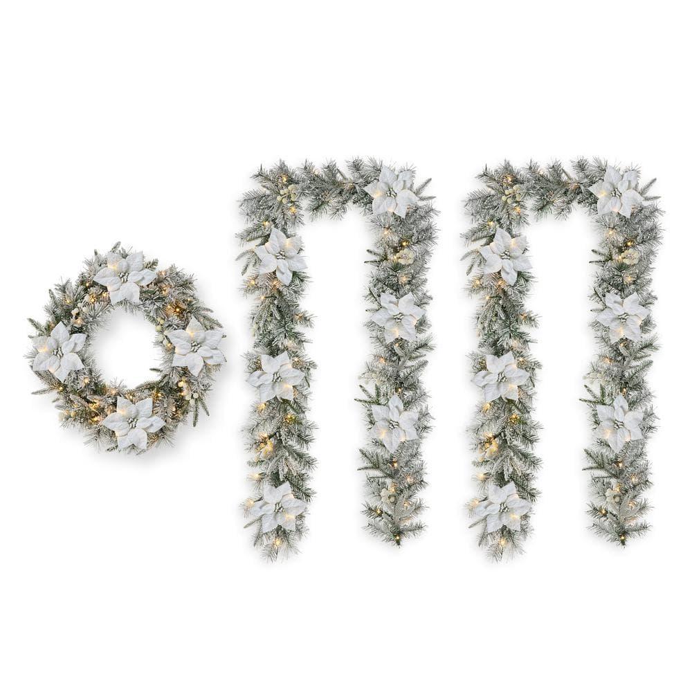 2PK 9 ft. Pre-Lit Artificial Christmas Garland and 24 in. D Snow Flocked Greenery Pine Poinsettia Christmas Wreath Set