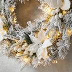 2PK 9 ft. Pre-Lit Artificial Christmas Garland and 24 in. D Snow Flocked Greenery Pine Poinsettia Christmas Wreath Set