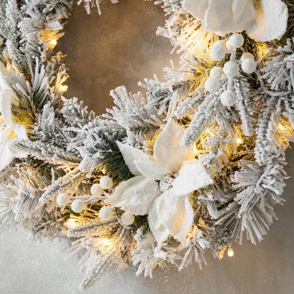 2PK 9 ft. Pre-Lit Artificial Christmas Garland and 24 in. D Snow Flocked Greenery Pine Poinsettia Christmas Wreath Set