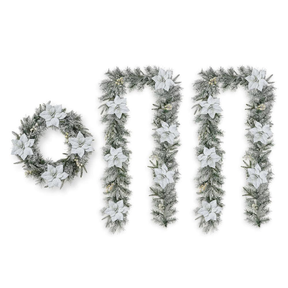 2PK 9 ft. Pre-Lit Artificial Christmas Garland and 24 in. D Snow Flocked Greenery Pine Poinsettia Christmas Wreath Set