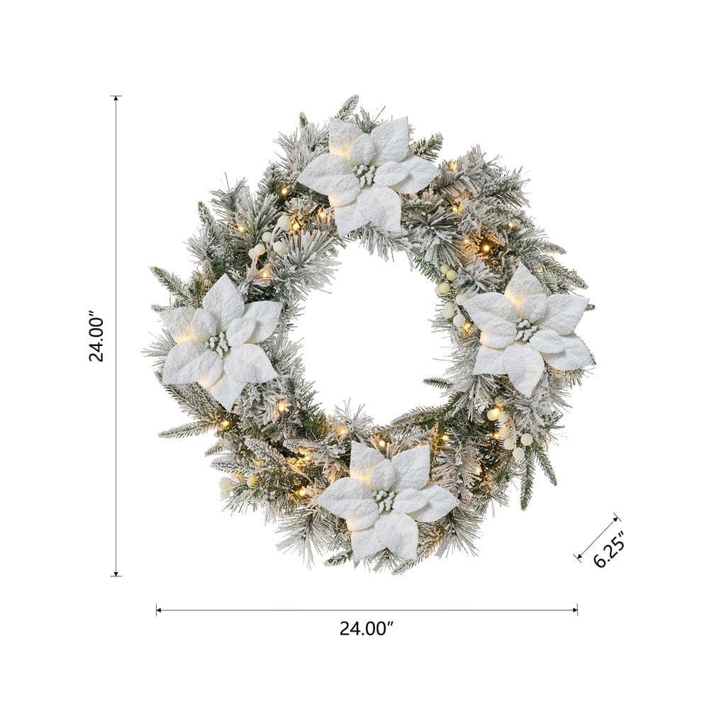 2PK 9 ft. Pre-Lit Artificial Christmas Garland and 24 in. D Snow Flocked Greenery Pine Poinsettia Christmas Wreath Set