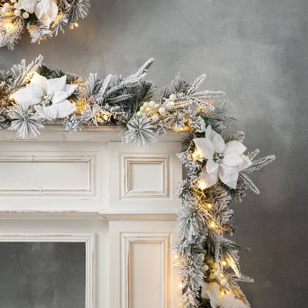2PK 9 ft. Pre-Lit Artificial Christmas Garland and 24 in. D Snow Flocked Greenery Pine Poinsettia Christmas Wreath Set