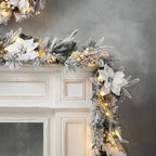 2PK 9 ft. Pre-Lit Artificial Christmas Garland and 24 in. D Snow Flocked Greenery Pine Poinsettia Christmas Wreath Set