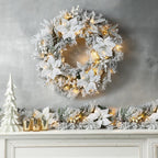 2PK 9 ft. Pre-Lit Artificial Christmas Garland and 24 in. D Snow Flocked Greenery Pine Poinsettia Christmas Wreath Set