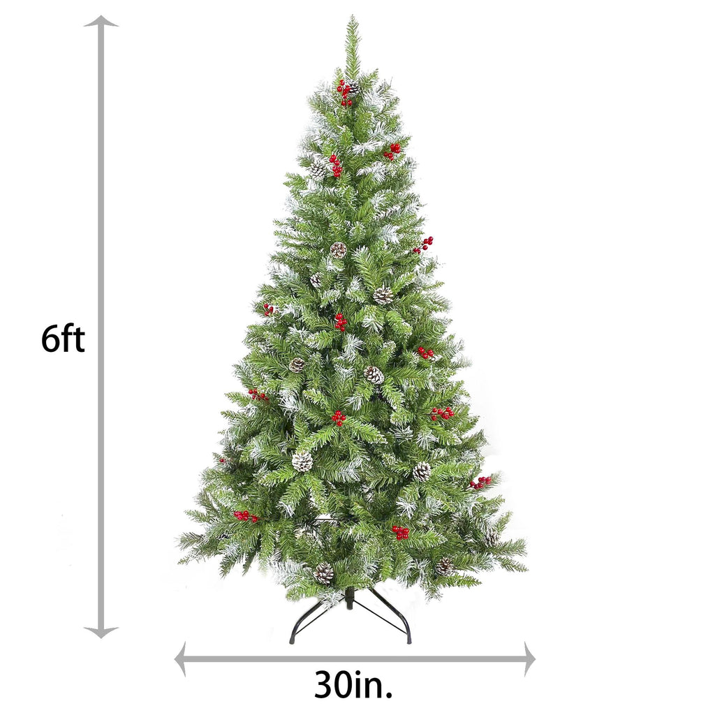 Saibaiyee 6 FT Artificial Green PVC Christmas Tree with Pinecones and Red Berries, Hinged Christmas tree