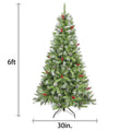 Saibaiyee 6 FT Artificial Green PVC Christmas Tree with Pinecones and Red Berries, Hinged Christmas tree