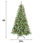 Saibaiyee 6 FT Artificial Green PVC Christmas Tree with Pinecones and Red Berries, Hinged Christmas tree