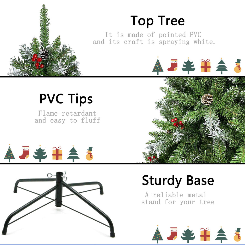 Saibaiyee 6 FT Artificial Green PVC Christmas Tree with Pinecones and Red Berries, Hinged Christmas tree