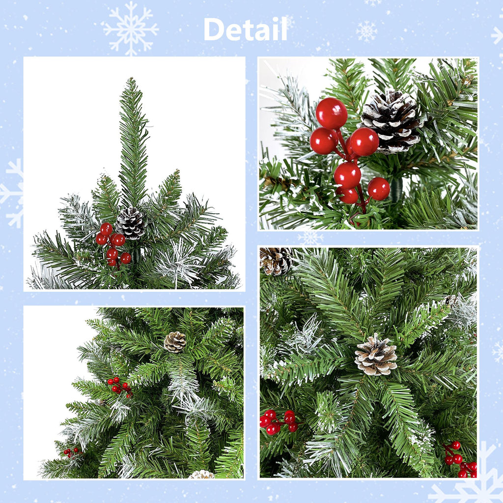 Saibaiyee 6 FT Artificial Green PVC Christmas Tree with Pinecones and Red Berries, Hinged Christmas tree