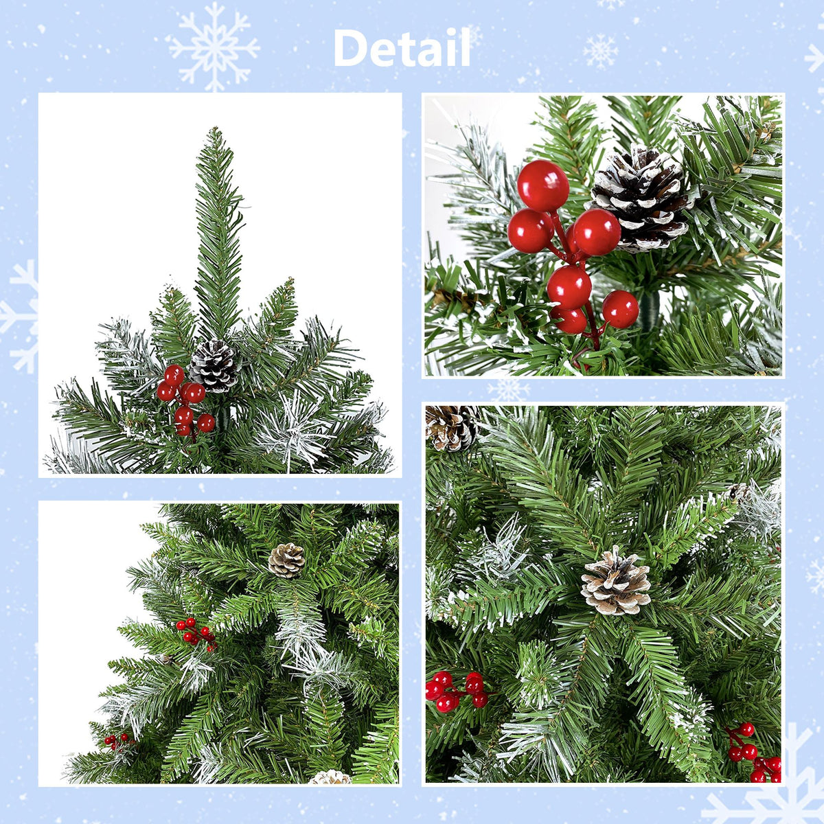 Saibaiyee 6 FT Artificial Green PVC Christmas Tree with Pinecones and Red Berries, Hinged Christmas tree