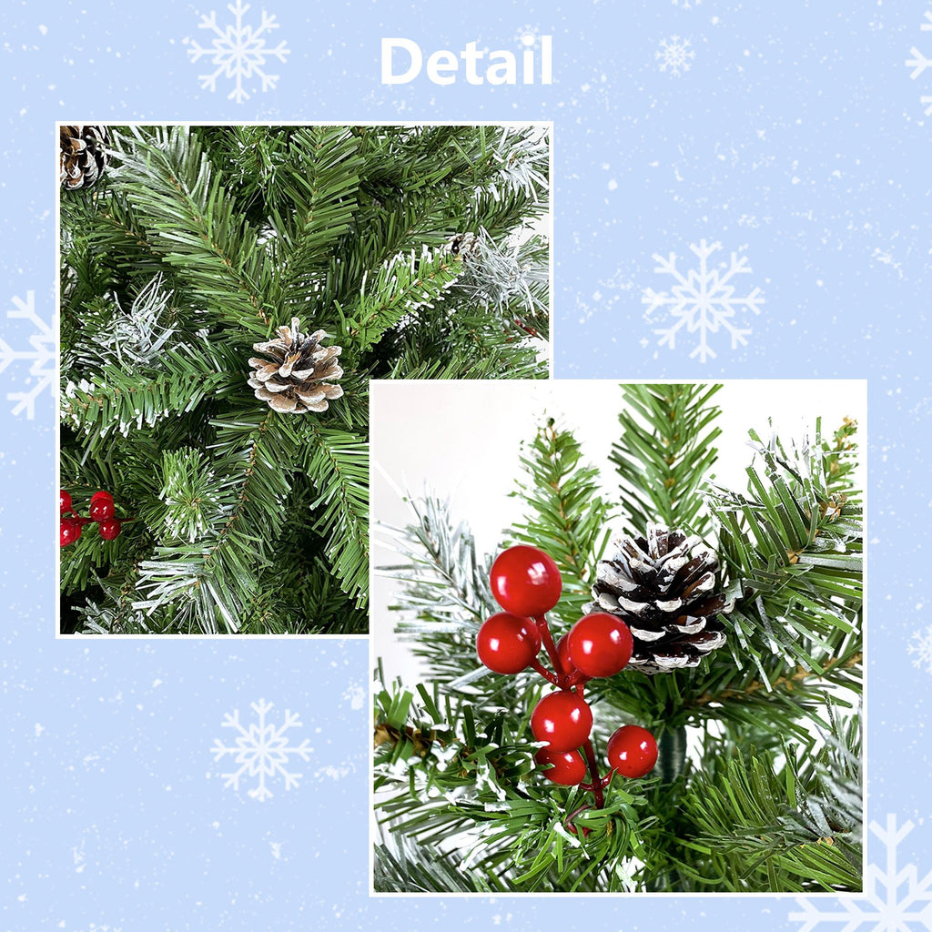 Saibaiyee 6 FT Artificial Green PVC Christmas Tree with Pinecones and Red Berries, Hinged Christmas tree