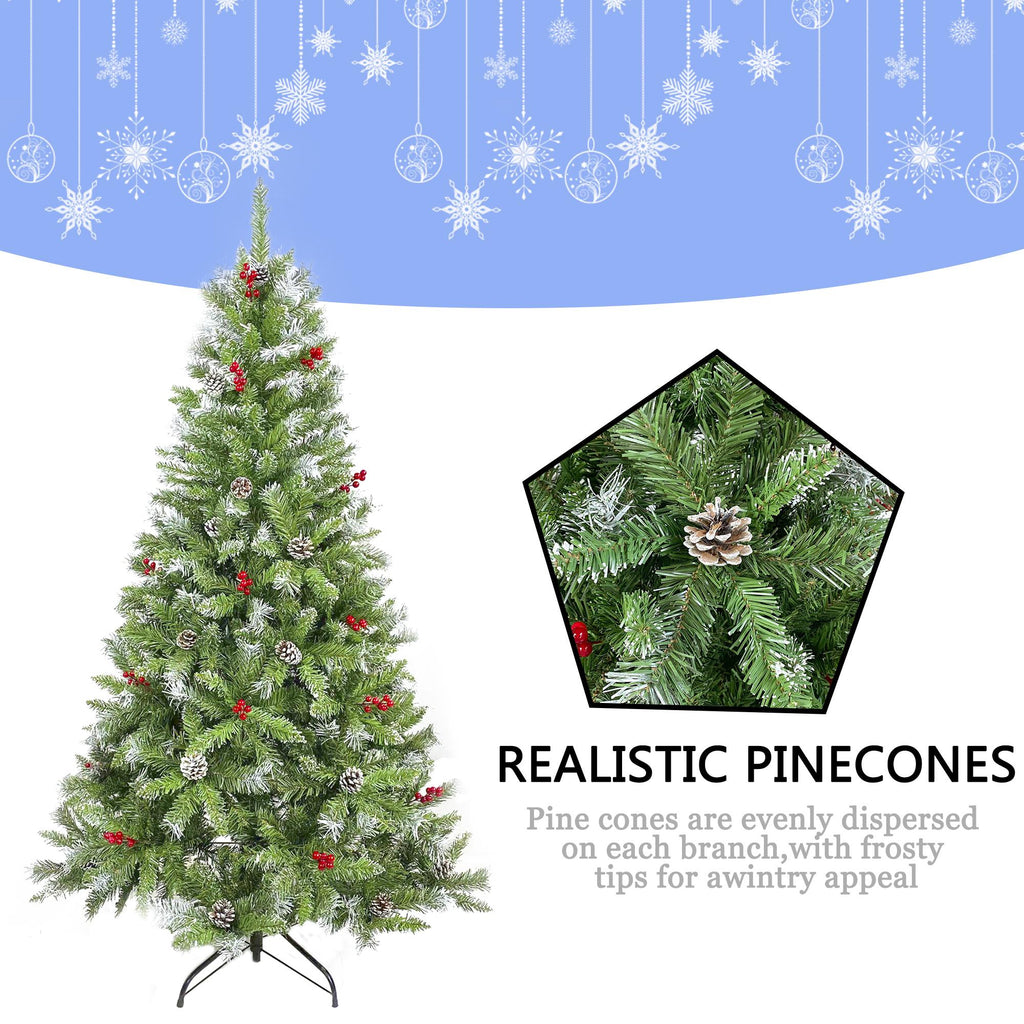 Saibaiyee 6 FT Artificial Green PVC Christmas Tree with Pinecones and Red Berries, Hinged Christmas tree