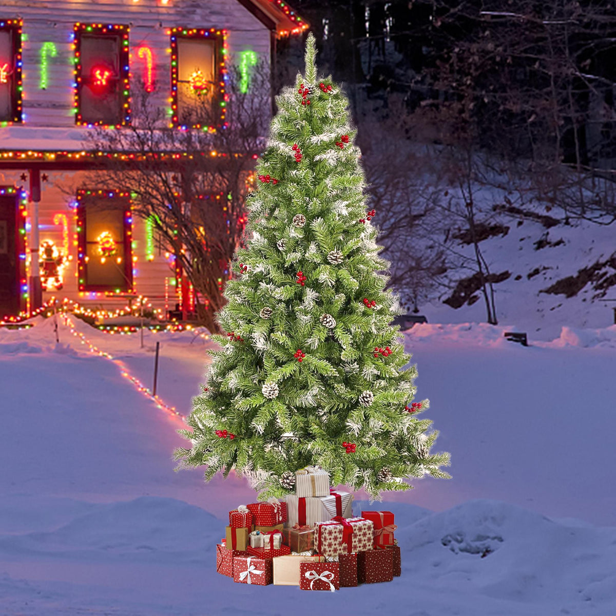 Saibaiyee 6 FT Artificial Green PVC Christmas Tree with Pinecones and Red Berries, Hinged Christmas tree