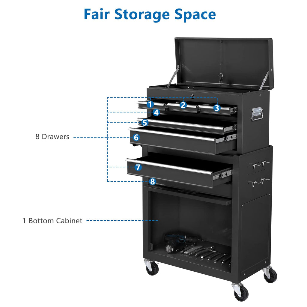 8-Drawer Rolling Tool Chest w/Lock, Tool StoraCabinet w/Wheels, Detachable Top, Drawers & Drawer Liners, Tool Organizer Box for Garage, Warehouse & Repair Shop