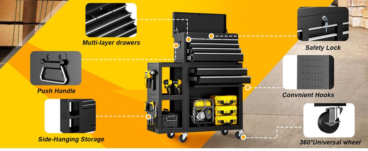 8 Drawer Tool Chest with Wheels, Exclusive 3-In-1 Tool Box Combo with Removable 4-Tire Utility Cart, LocMechanic Tool Cart with Liner for Warehouse, Workshop, 35”W x 13”D x 43”H -2026 Upgrade