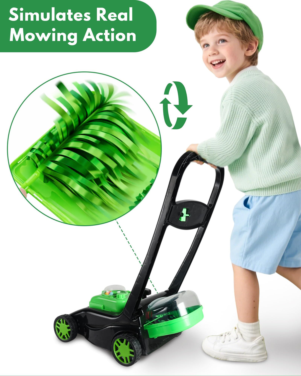 Kids Lawn Mower with Realistic Grass-Cutting Action and Sounds – No Batteries Required | Fun Outdoor Push Toy, Birthday Gift &amp; Holiday Present for 3, 4, 5, 6Year Old Boys and Girls (Black)