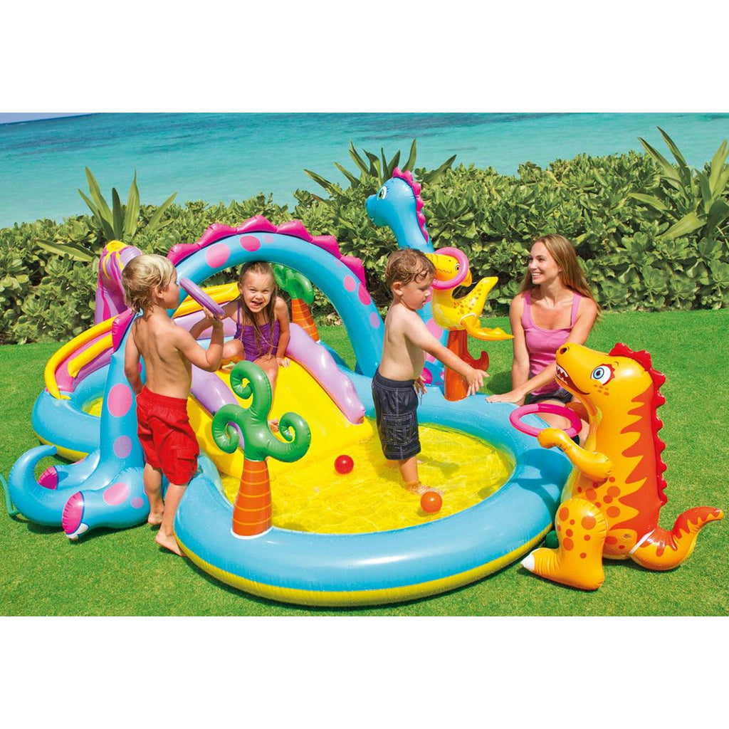 Dinoland Backyard Kiddie Inflatable Swimming Pool and Inflatable Ocean Play Center Pool with Slides, Water Sprayers, Toys,