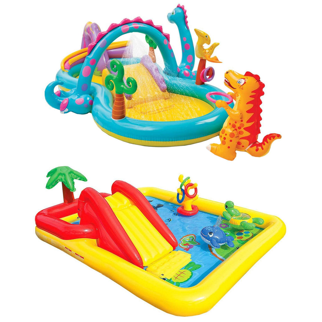 Dinoland Backyard Kiddie Inflatable Swimming Pool and Inflatable Ocean Play Center Pool with Slides, Water Sprayers, Toys,