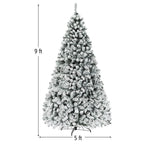 9 ft. Pre-Lit Artificial Christmas Tree Snow Flocked Hinged Pine Tree with Metal Stand