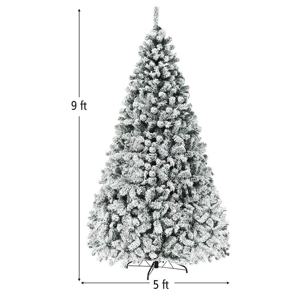 9 ft. Pre-Lit Artificial Christmas Tree Snow Flocked Hinged Pine Tree with Metal Stand