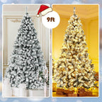 9 ft. Pre-Lit Artificial Christmas Tree Snow Flocked Hinged Pine Tree with Metal Stand