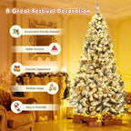 9 ft. Pre-Lit Artificial Christmas Tree Snow Flocked Hinged Pine Tree with Metal Stand