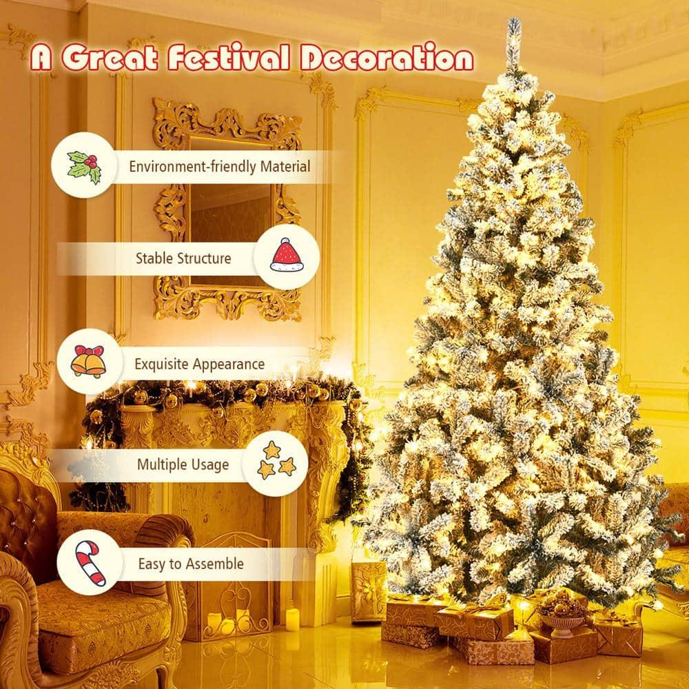 9 ft. Pre-Lit Artificial Christmas Tree Snow Flocked Hinged Pine Tree with Metal Stand
