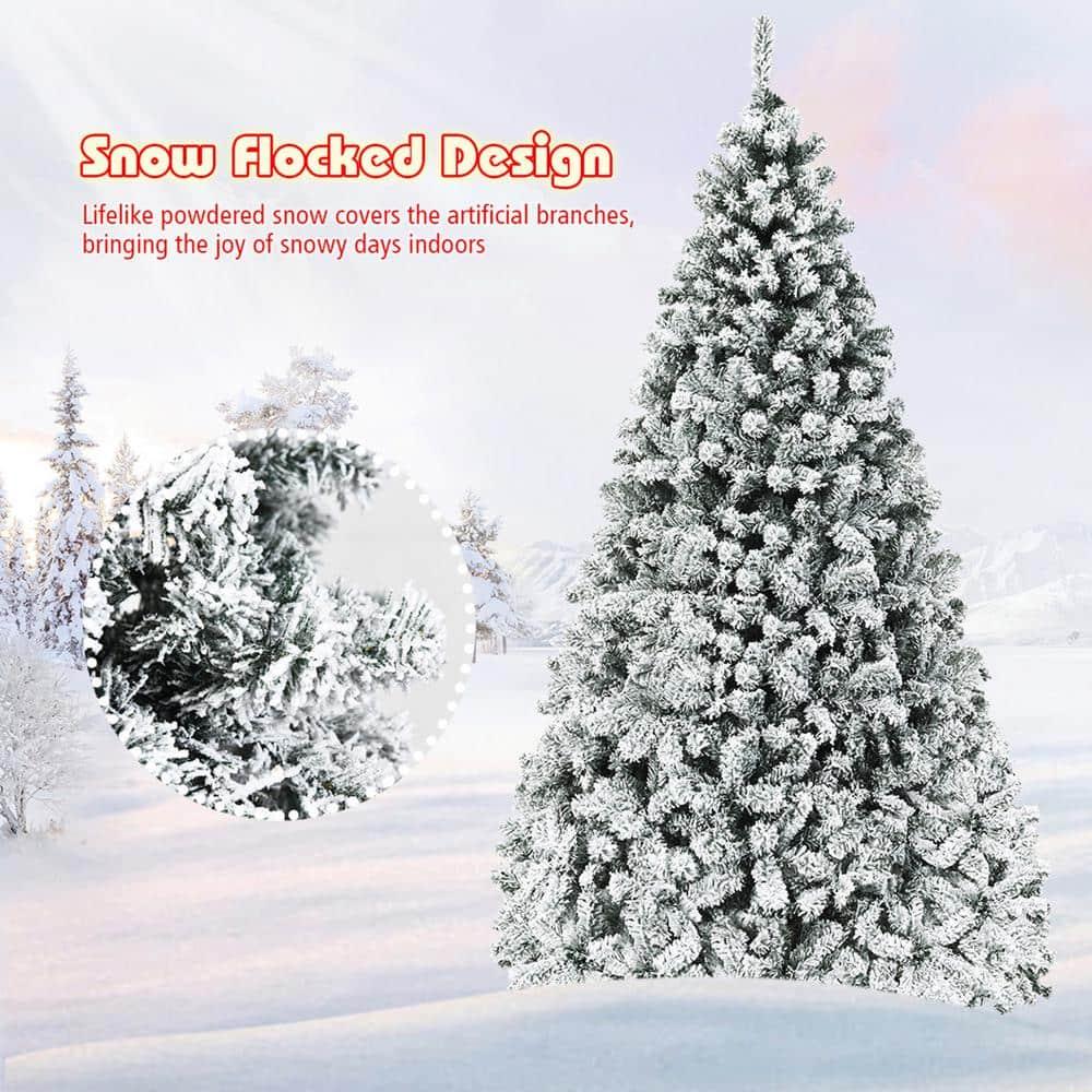 9 ft. Pre-Lit Artificial Christmas Tree Snow Flocked Hinged Pine Tree with Metal Stand