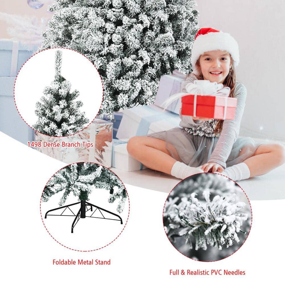 9 ft. Pre-Lit Artificial Christmas Tree Snow Flocked Hinged Pine Tree with Metal Stand