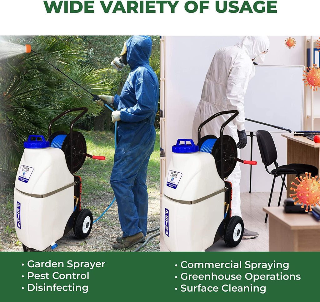 PetraTools Battery Powered 12 Gallon Cart Sprayer - Beast, Heavy Duty Commercial Sprayer w/Custom Built Cart, Offroad Wheels & Solid Steel Easy-Turn Hose Reel for 100 Foot Hose, Multipurpose HD Wand