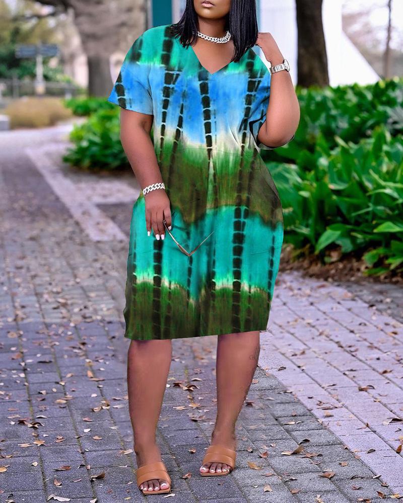 short sleeve pocket design tie dye print dress