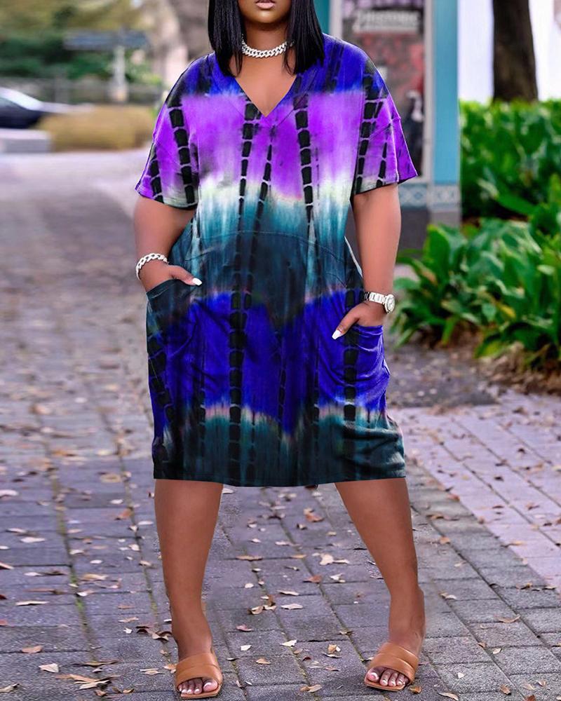 short sleeve pocket design tie dye print dress