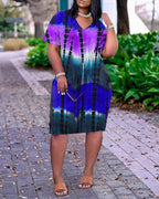 short sleeve pocket design tie dye print dress