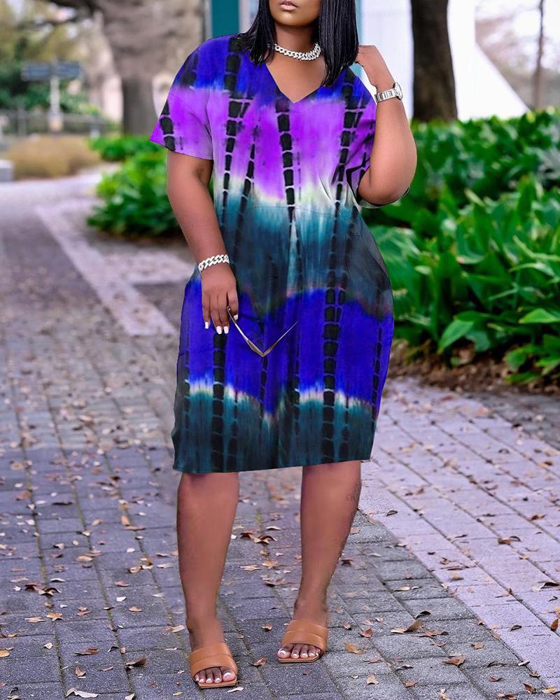 short sleeve pocket design tie dye print dress