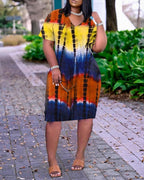 short sleeve pocket design tie dye print dress