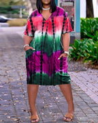 short sleeve pocket design tie dye print dress