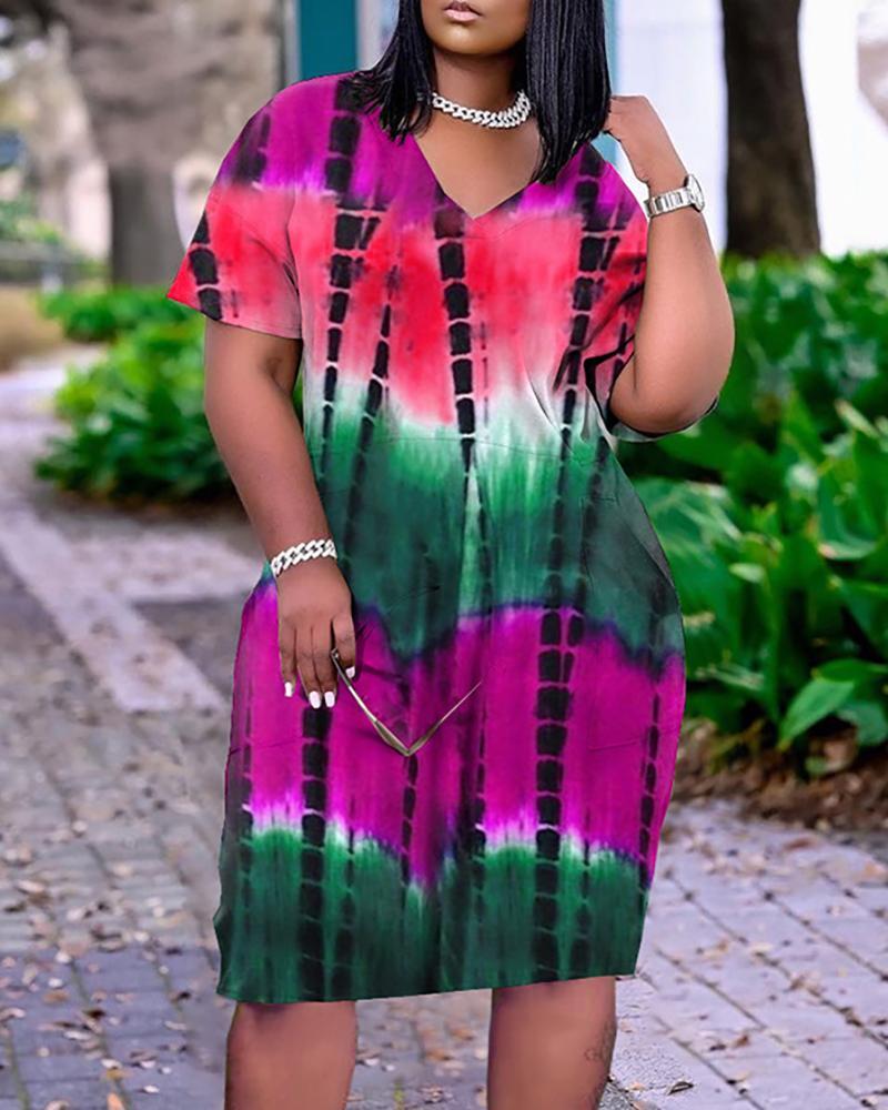 short sleeve pocket design tie dye print dress