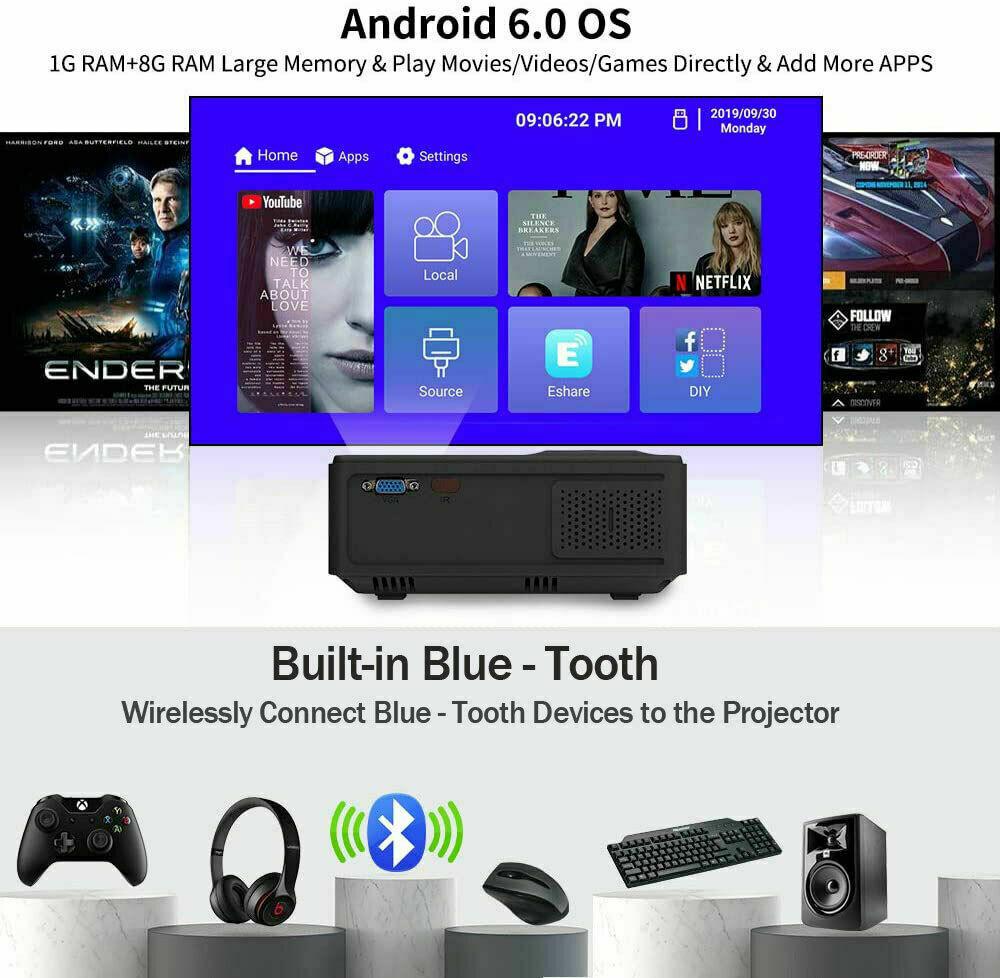 full hd led projector wireless blue-tooth android 1080p video hdmi office ppt tv