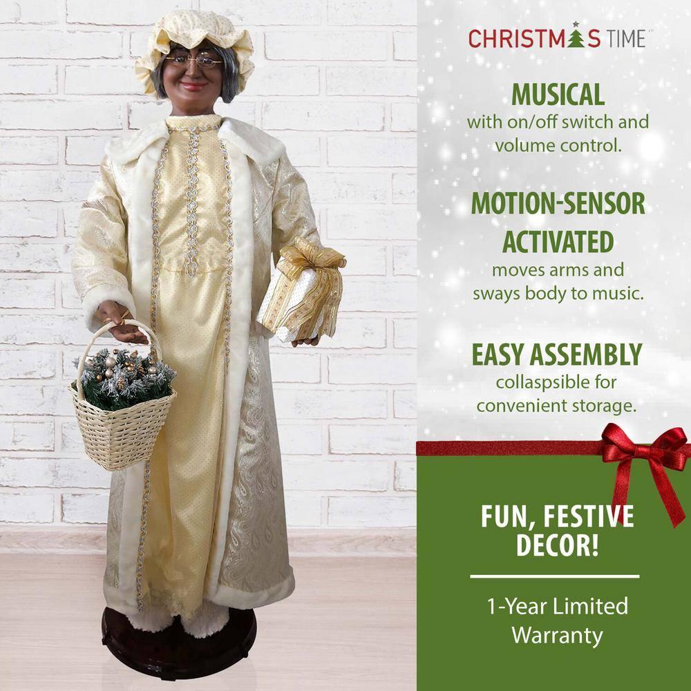 58 in. Christmas African American Dancing Mrs. Claus with Gift and Basket