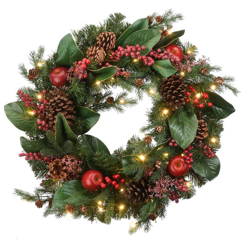 24 in. Rural Homestead Artificial Christmas Wreath with 50 Battery Operated LED Lights