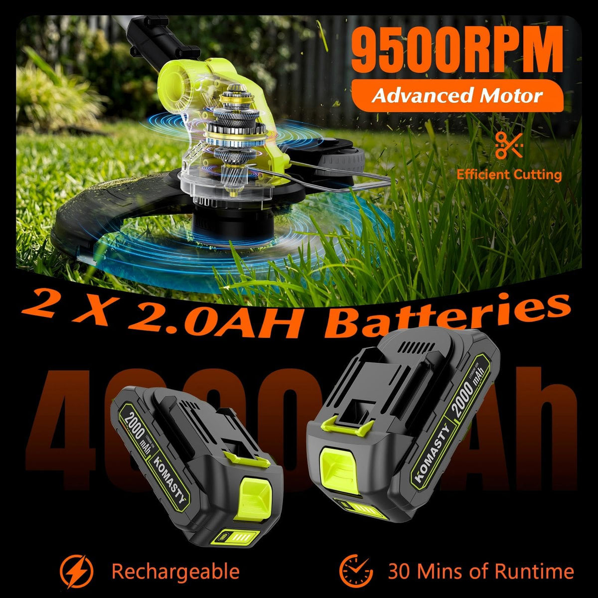 20V Electric Weed Wacker Cordless Edger Lawn Tool 2 X 2.0Ah Battery Powered Weed Eater with Charger, 12 Inch Lightweight String Trimmer, Auto Line Feed Grass Cutter Lawn Mower for Small Yard Garden