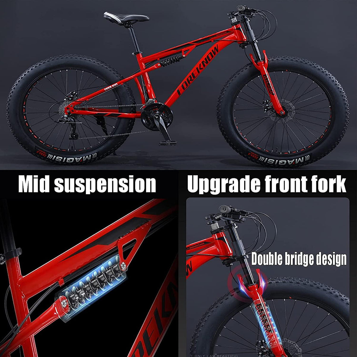 Fat Tire Mountain Bikes - 21 Speed Anti-Slip Bike 26 Inch Fat Tire Sand Bike Double Disc Brake Suspension Outdoor Sports Snow Mountain Bicycle for Adult Men Women